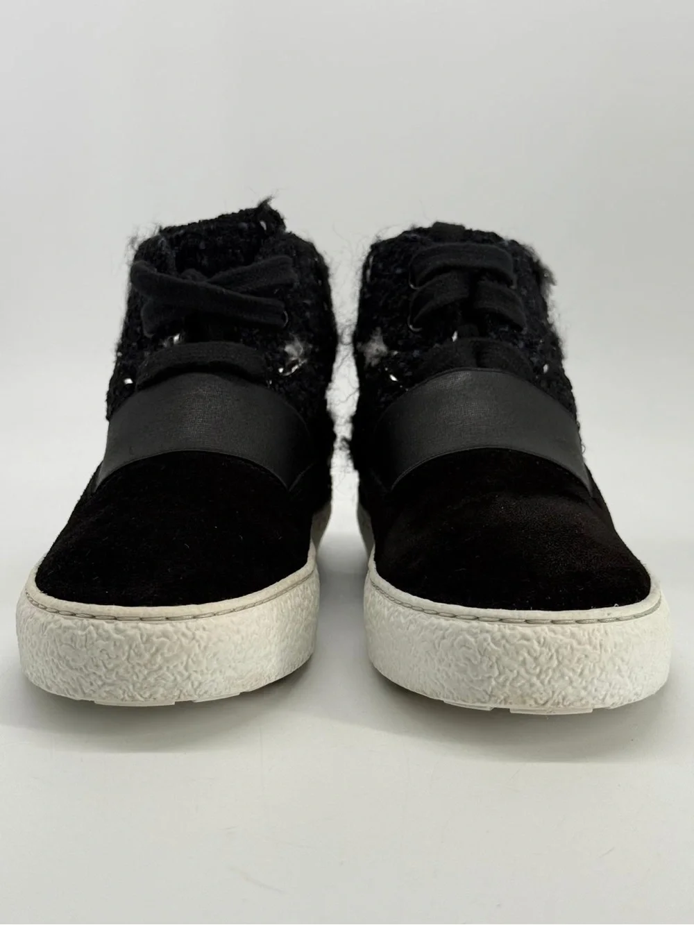 Chanel Black Suede Tweed Mid Top Lace-Up Sneakers Size 6.5